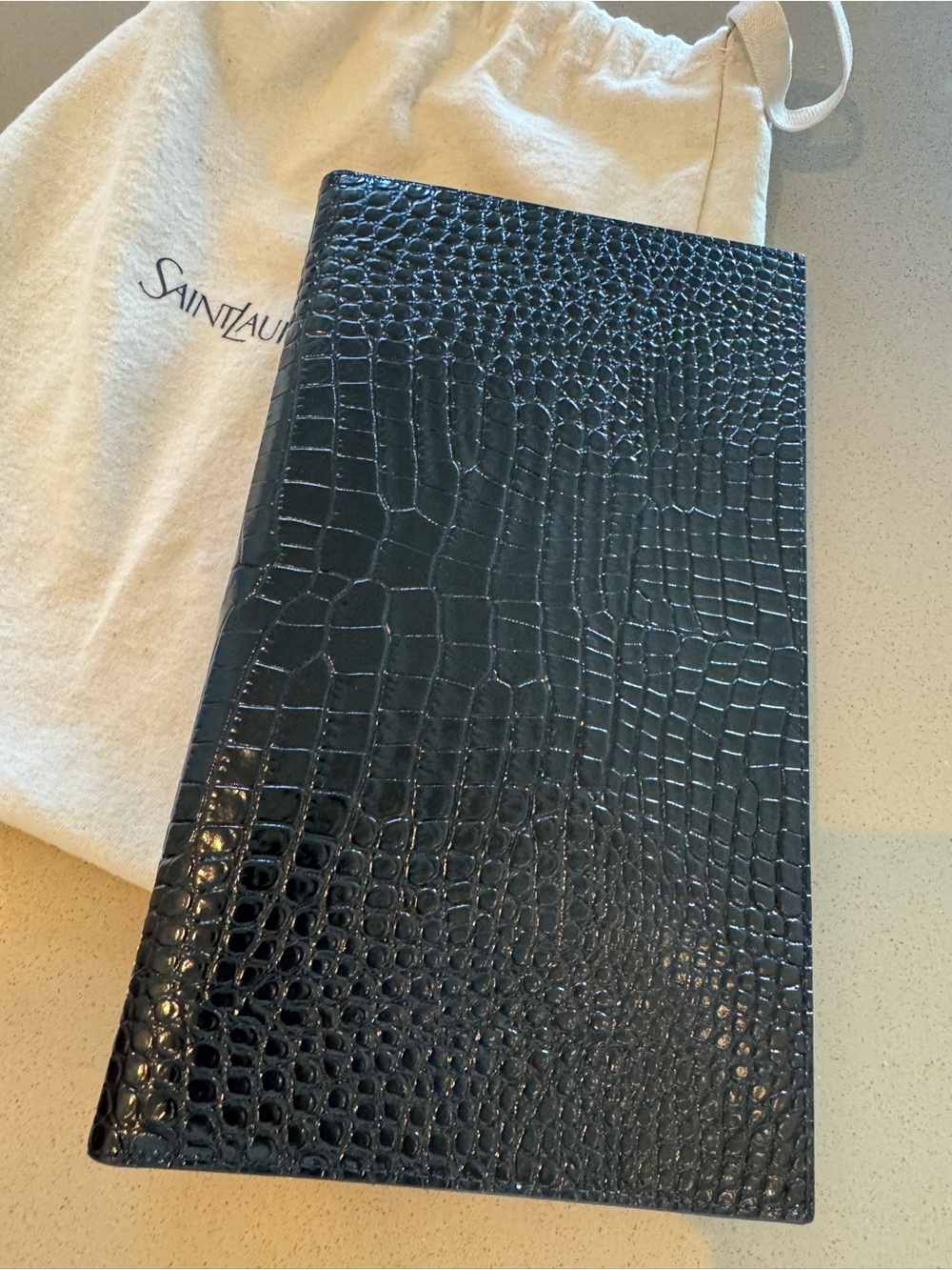 Saint Laurent Black Croc-Embossed Envelope Clutch with Silver YSL - Picture 2 of 2